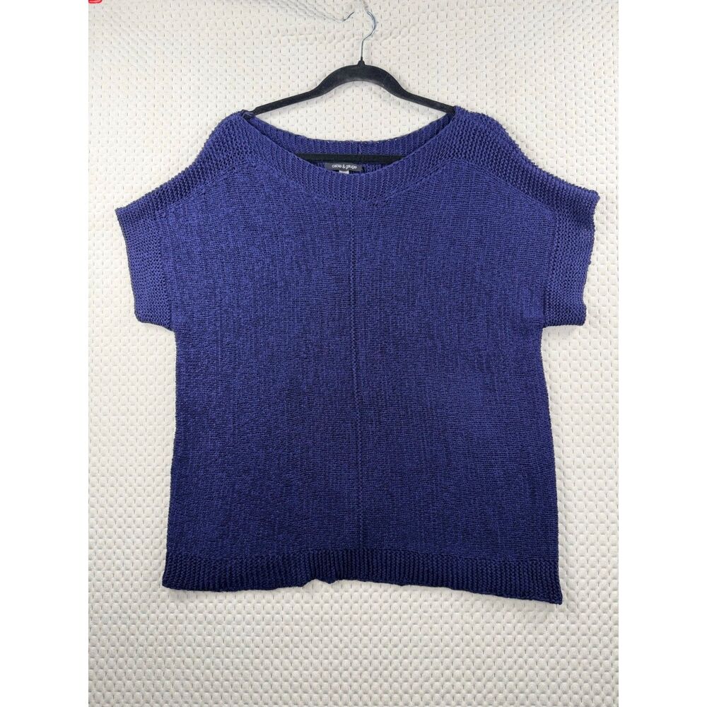 Navy Cable & Gauge Short Sleeve Sweater with Back Button Detail - Size XL
